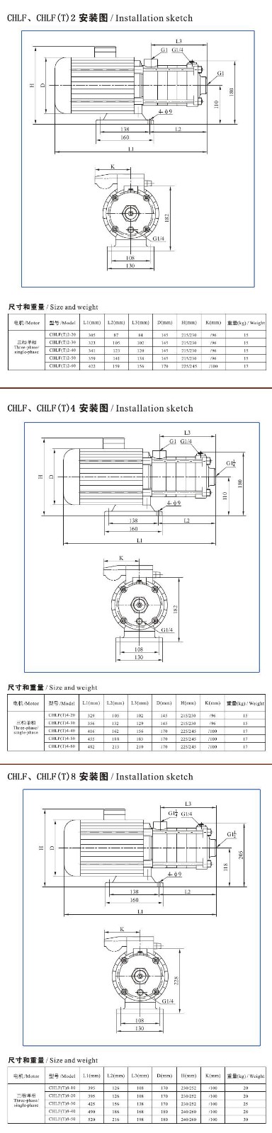 CHLF(T)輕型不銹鋼多級(jí)離心泵安裝圖、尺寸及重量