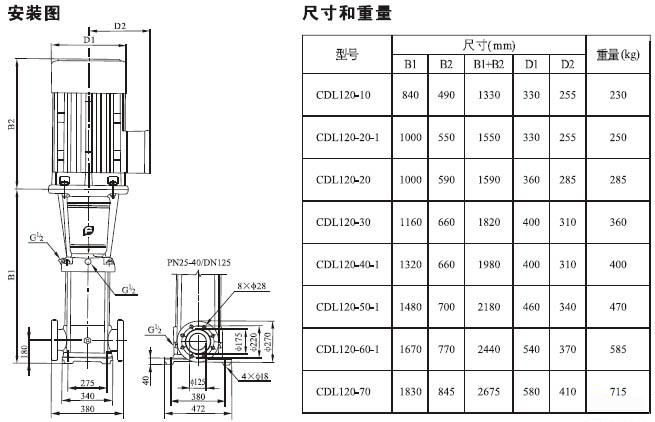 CDLF系列輕型不銹鋼立式多級泵安裝尺寸及重量